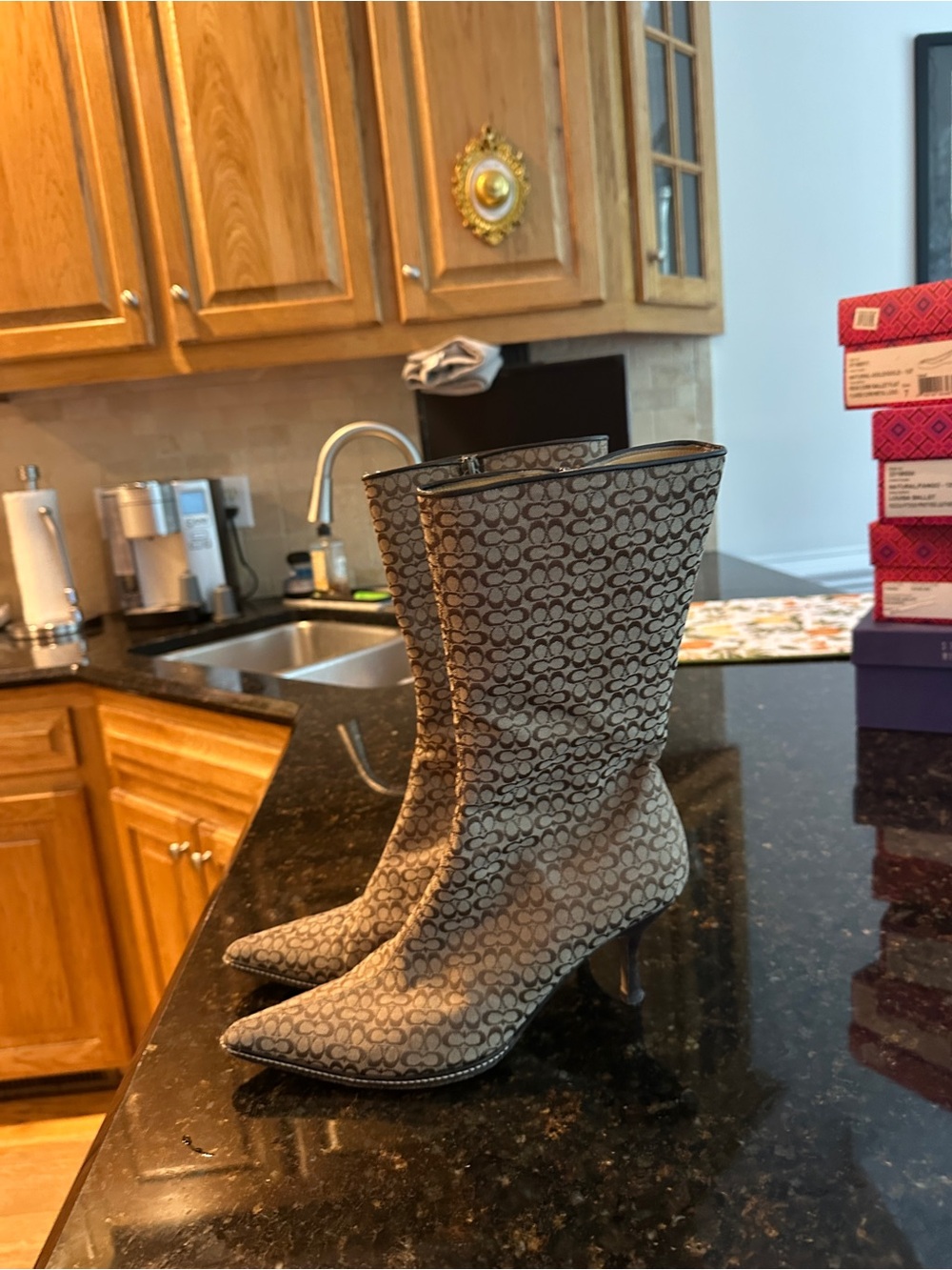 Coach Signature Logo Pointed Toe Mid-Calf Boots in Tan/Brown - Picture 4 of 9
